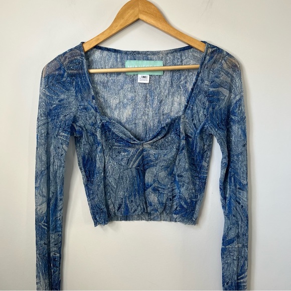 Mia Vesper Top Medium Blue Metallic Slinky Ballerina Babydoll Crop Top NWOT - Picture 1 of 7